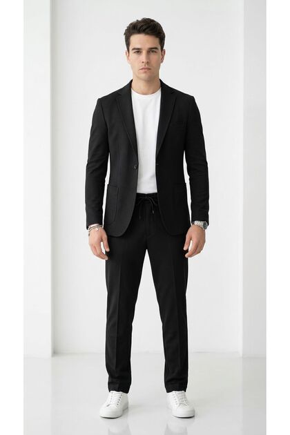 Pike Kumaş Jogger Pantolonlu Erkek Takım Elbise – Torba Cepli Tek Düğme Slim Fit Kombin