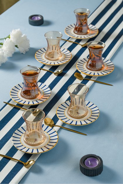 12 Piece Blue Bird Pattern Tea Set | 6 Tea Cups - 6 Tea Saucers