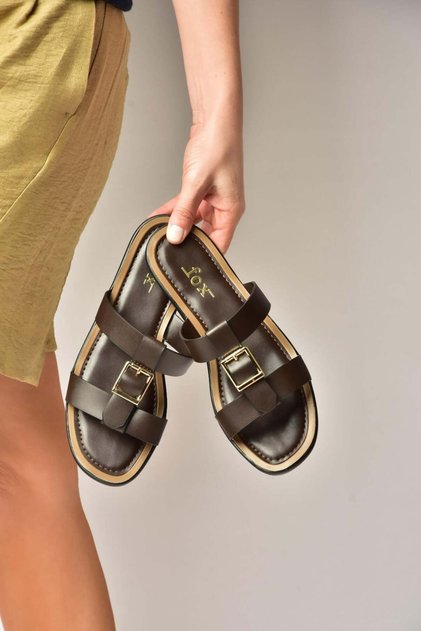 Y973447209 Brown Buckle Detailed Women's Slippers