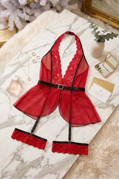 Loule Red Lace Detailed Fancy Nightgown Set with Garter Belt - Transparent Babydoll Set- Trendyol Loule Red Lace Detailed Fancy Nightgown Set with Garter Belt - Transparent Babydoll Set- Trendyol