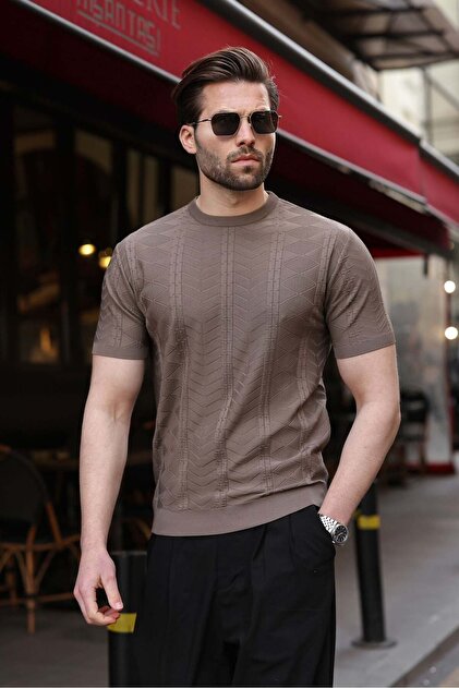 Madmext Açık Kahverengi Bisiklet Yaka Slim Fit Triko Erkek Tişört
