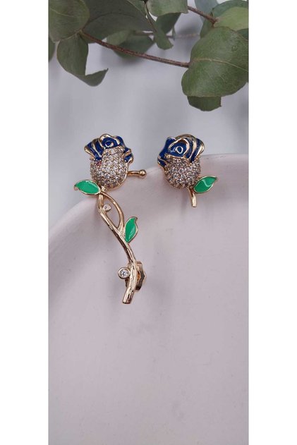 Gül Şeklinde Mavi Mineli Taşlı Earcufflı Küpe
