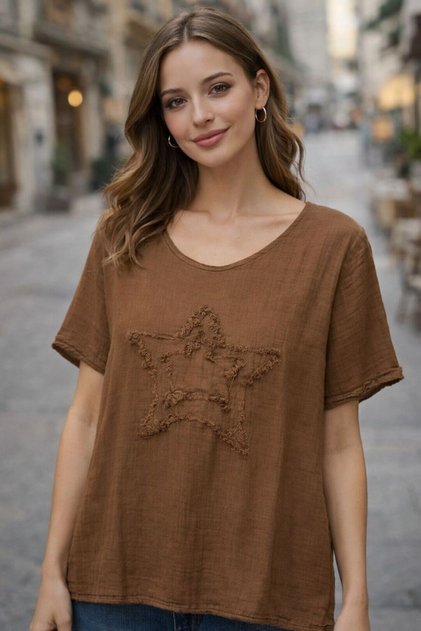 Women's Organic Muslin Fabric Star Patterned V-Neck Short Sleeve Blouse