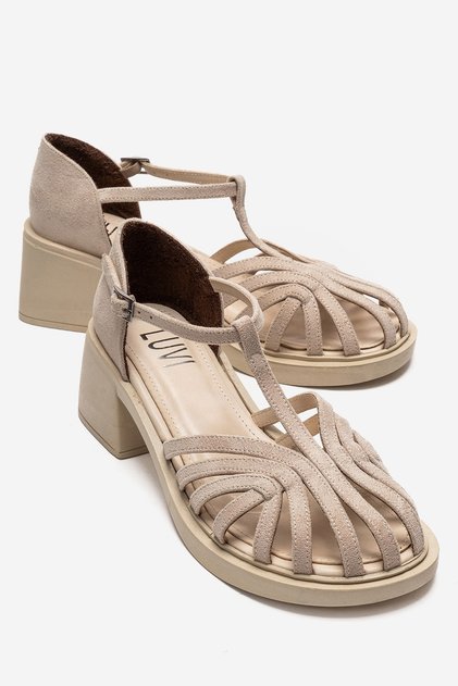 Nolana Beige Suede Women's Thick Heeled Sandals
