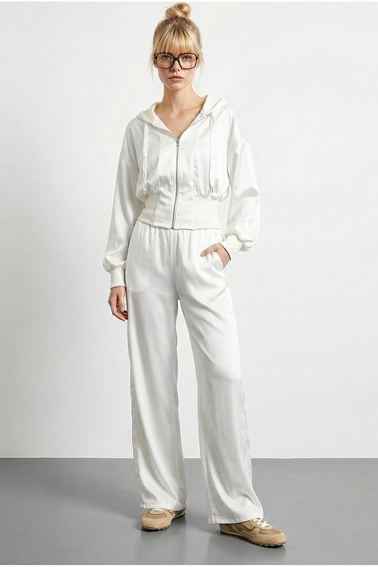 Women's White Satin Detailed Hooded Waist-Tied Top and Bottom Set 4098 60283982