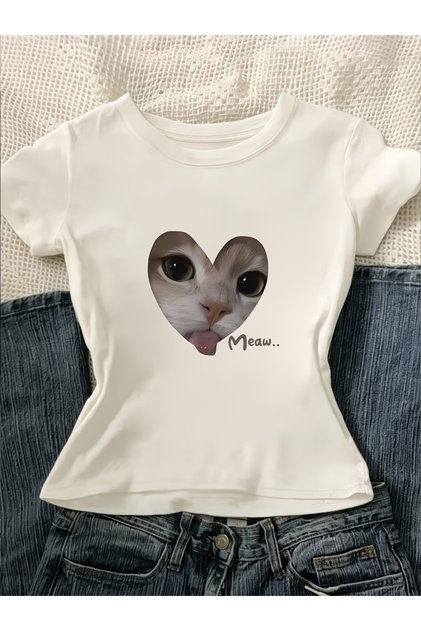 Kemer Boy Sweet Cute Cat Crop Blouse