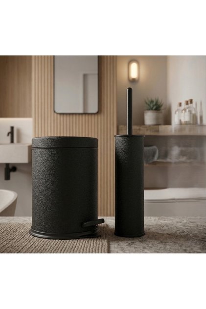 3 Litre Siyah Kadife 2'li Banyo Seti Pedallı Çöp Kovası Wc Klozet Tuvalet Fırçası Banyo Çöp Kovası