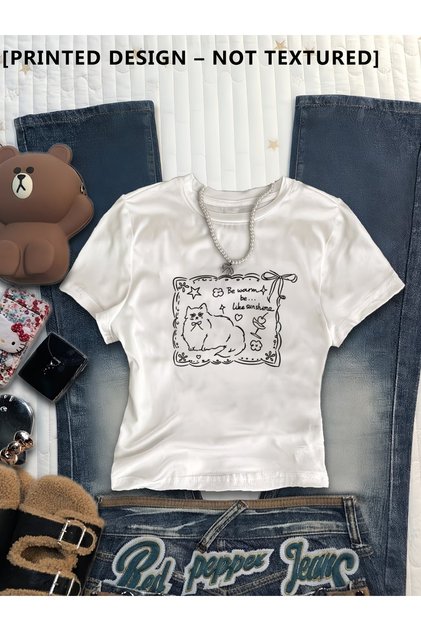 Kemer Boy Sweet Cute Cat Crop Blouse
