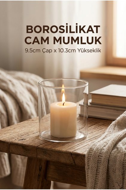 Borosilikat Cam Mumluk, 9.5cm x 10.3cm Silindir Şeffaf Dekoratif Mumluk, Cam Vazo, Cam Fanus, Mumluk