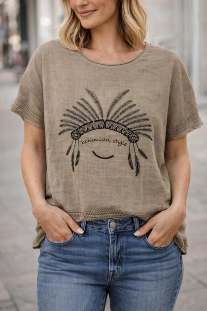 Women's 100% Linen Fabric Patterned Oversize Short Sleeve Blouse with Mesh Detail on Sleeves and Hem