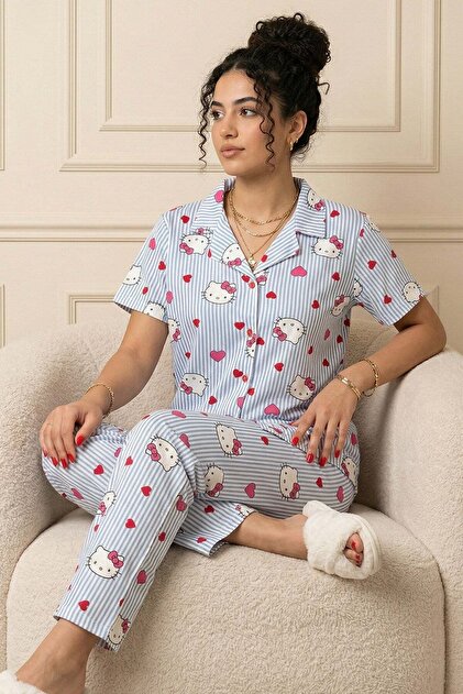 Women's Cartoon Character Patterned Shirt Collar Short Sleeve Cool-Touching Milan Fabric Pajama Set