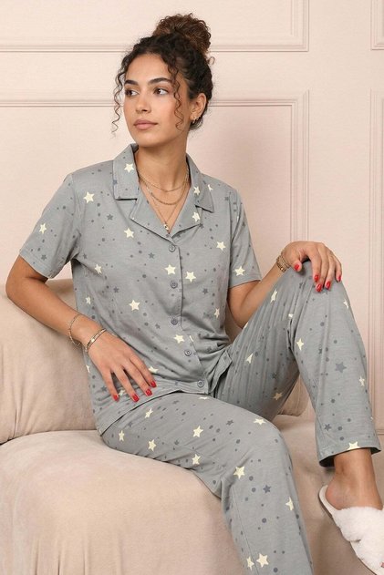 Women's Star Patterned Shirt Collar Short Sleeve Long Cool Milan Fabric Pajama Set