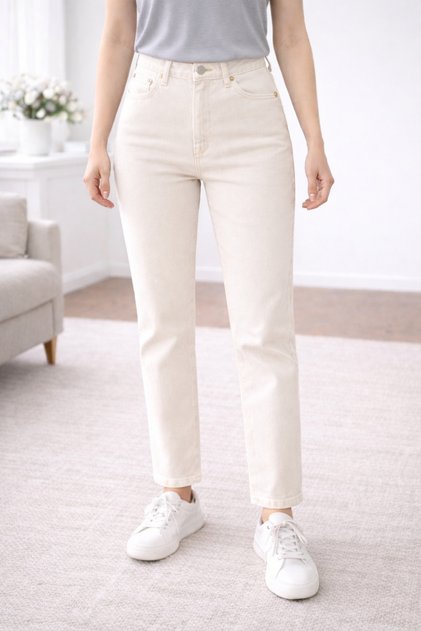 Scarlet Women's Cream High Waist Beige Lycra Trend Mom Jean
