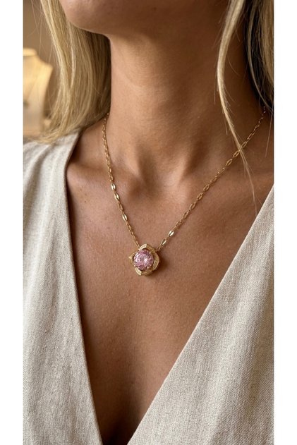 316L Steel Necklace, Anti-Tarnish, Anti-Allergic, Stainless with Pink Stone Figure