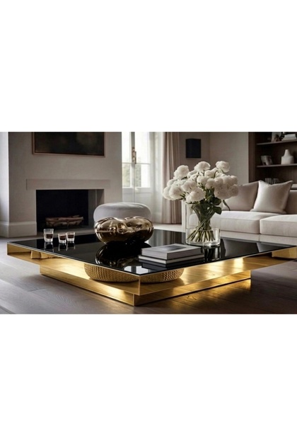 LUXURY GOLD AYNALI SIYAH CAMLI DEKORATIF ORTA SEHPA 100 × 100 YÜKSEKLIK 26 CM