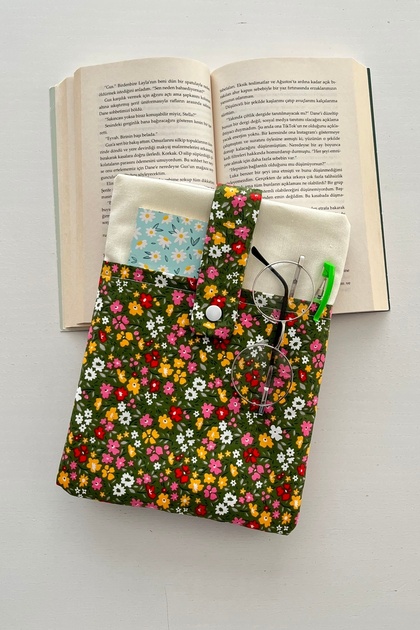 Fabric Book Cover with Pockets Crispy Flowers Green Book Protector