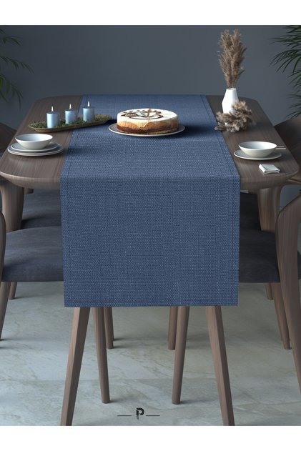Home Keten Dokulu Runner İndigo Renk Dekoratif Şık Runner Örtü