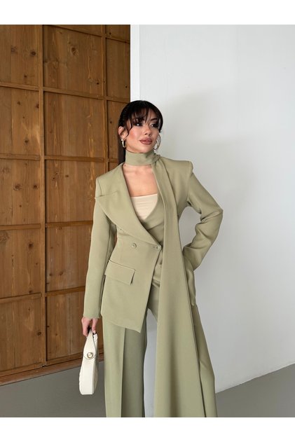 Women's Light Khaki Shawl Detail Buttoned Jacket Trousers Suit