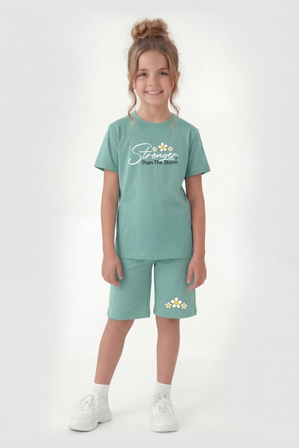 Round Neck T-Shirt and Colorful Capri Pants with Print Detail Summer Girls' Top and Bottom Set