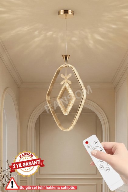İthal Seri 3 Renk Kumandalı Karo Halka Led Avize Toplu Kelebekli Gold Kasa Koridor&Oda Ledli Avize