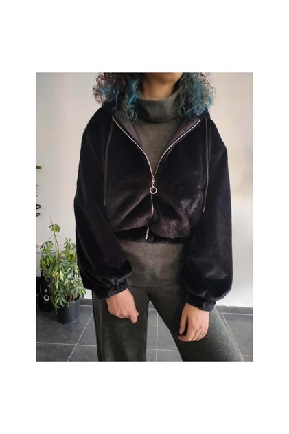 Siyah Crop Kürk Mont