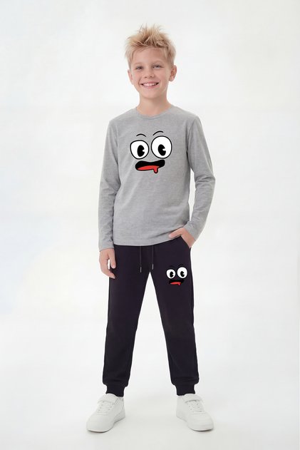 Yuvarlak Yaka Sweatshirt Uzun Eşofman Altlı Baskı Detaylı Erkek Çocuk Alt Üst Takım