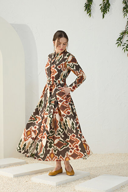 Aker Orange Classic Linen Patterned Dress- Trendyol