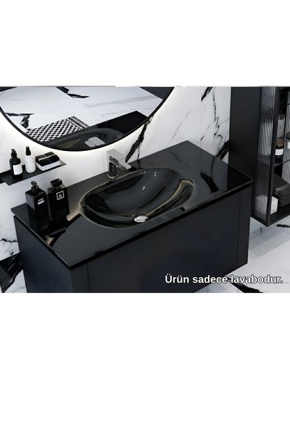 Siyah Elya Cam Lavabo Batarya Delikli 65X46 cm