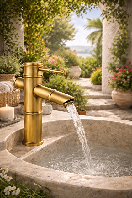 KCA Bambu Antik Eskitme Gold Lavabo Bataryası – Vintage Pirinç Görünümlü Banyo Musluğu
