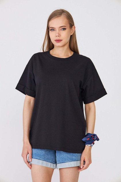 Tricou negru de bază pentru femei, oversize, 100% bumbac, cu croială confortabilă, casual - H6041