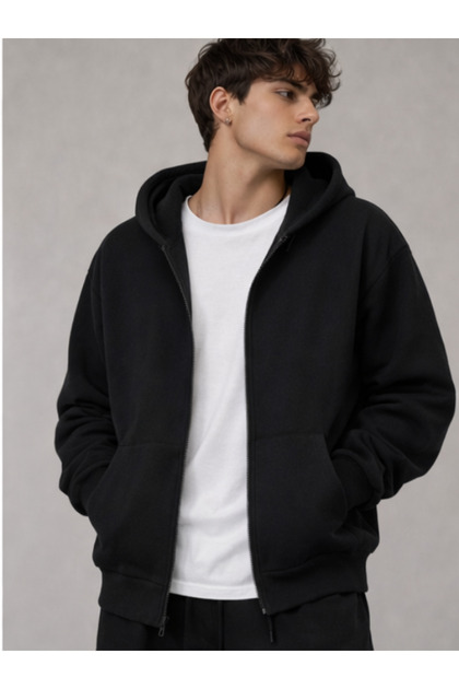 DEEPSENSE Erkek Siyah Kapişonlu Fermuarlı Oversize Sweatshirt