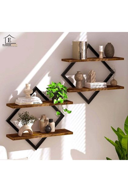 Set de 2 Elindor ® Rafturi, Raft suspendat pentru depozitare, Bucătărie, Dormitor, 76 × 14 × 38 cm, Maro, Negru
