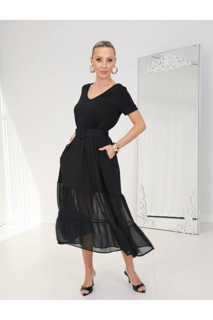 Buketli̇ Women's Below Knee Tulle Belted Pocketed V-Neck Short Sleeve Wide Cut Long Dress