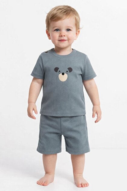 Baby Boy Style Ribbed Teddy Bear Printed Shorts Set Summer 2-Piece Set