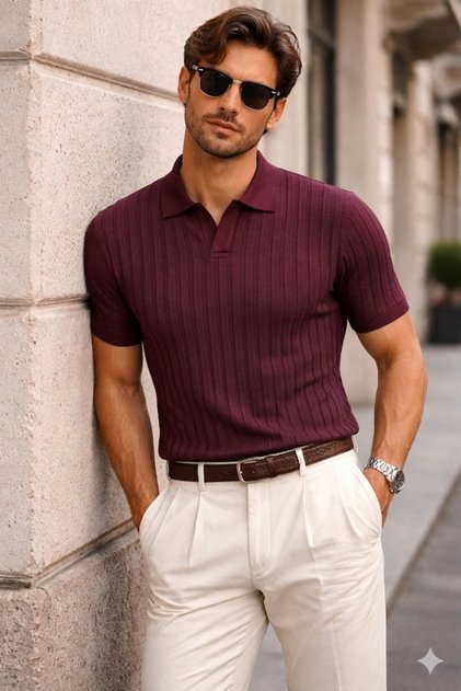 Men's Polo Neck Slim Knitwear T-Shirt Summer Comfortable Fit