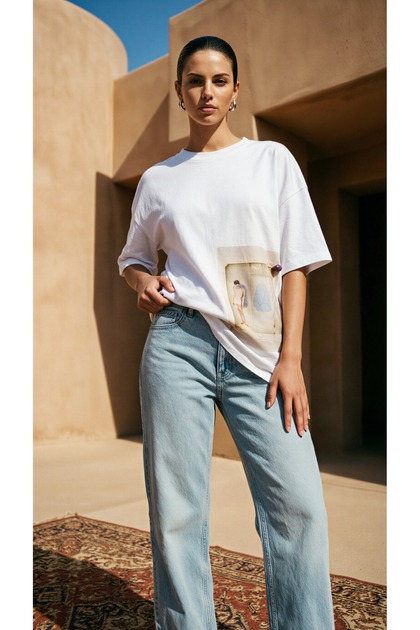 White Oversize Crew Neck Collar Collage Printed Women's T-Shirt with Accessory Detail