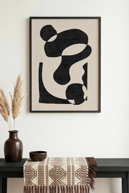Black Wooden Framed Abstract Patterned Painting - Minimal | Huhu1003 - Single Table Black Frame