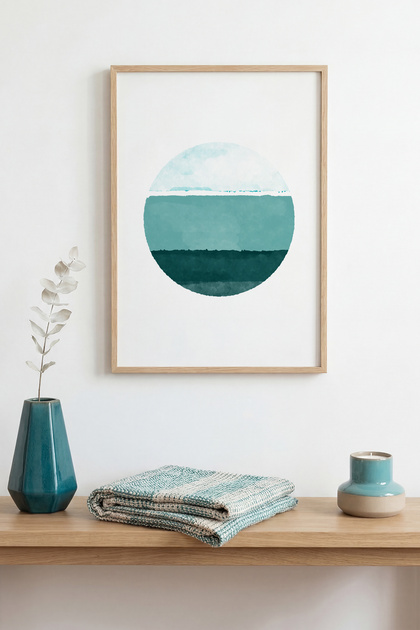 Natural Wood Framed Abstract Seascape Painting - Blue-Green Tones | Huhu1408 - Single Table Natural Wood Frame