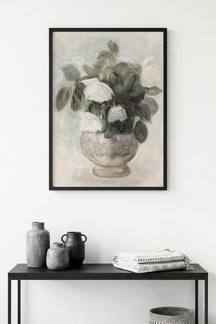 Black Wooden Framed Flower Patterned Painting - Pastel Tones | Huhu1167 - Single Table Black Frame