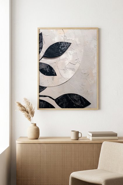 Natural Wooden Framed Minimal Leaf Patterned Painting - Pastel | Huhu1282 - Single Table Natural Wood Frame