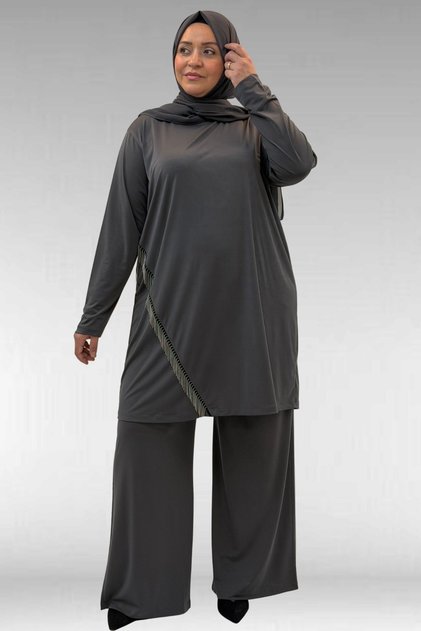67043 Plus Size Tassel Detailed Sandy Pants Suit - Anthracite