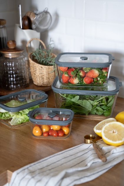 Anthracite Silicone Lid Glass Storage Container Set (4 Pieces) – Leak-Proof & Vacuum-Sealed