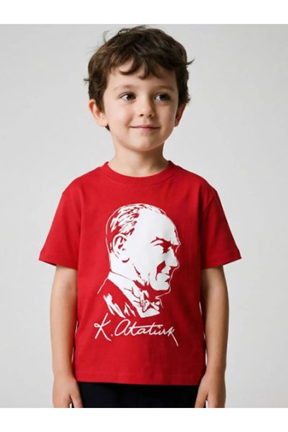 Red Crew Neck T-Shirt with Ataturk Print for Boys, April 23Rd Children's Day