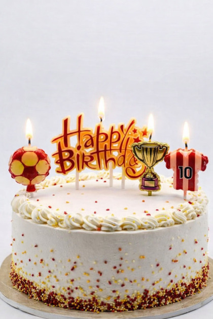 Taraftar Mum Seti Sarı Kırmızı Happy Birthday Yazılı Pasta Üstü Futbol Temalı Doğum Günü Süsü