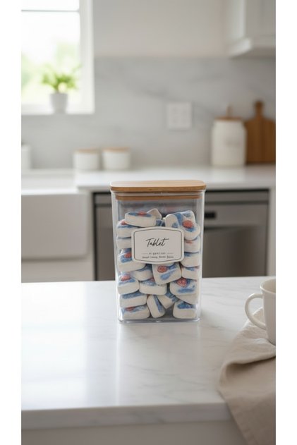 Tablet Organizer 2000 ml Transparent Detergent Container with Wooden Lid Leak-Proof Kitchen Organizer Jar