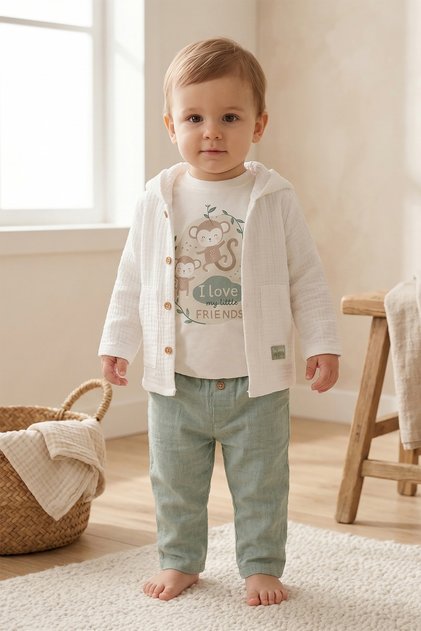 Premium 3-Piece Baby Boy Set 100% Cotton Muslin Cardigan Printed Snap-Collar Bodysuit Linen Trousers