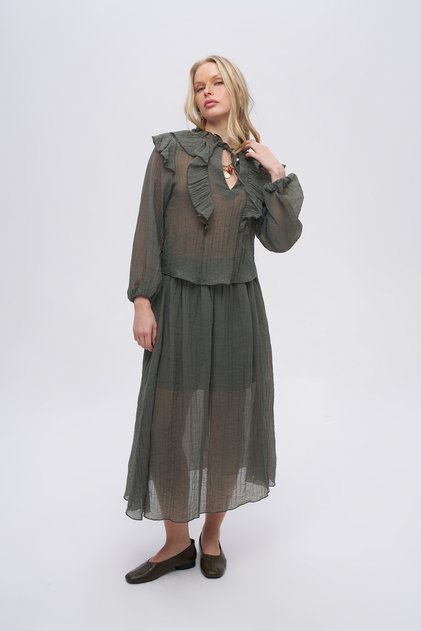 Women's Ruffled and Collar-Tied Flowy Sheer Blouse