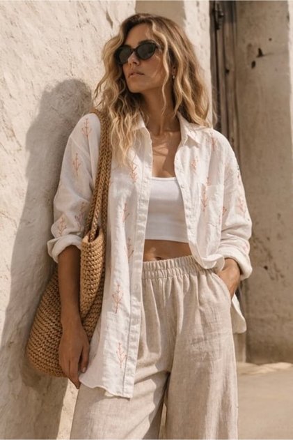 Women's Embroidered Linen Textured White Shirt - 100% Cotton Loose Fit Shirt Tr0935