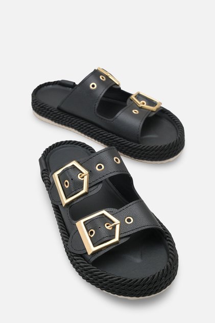 Elovelle Black Rustic Women's Stylish Double Buckle Orthopedic Comfortable Straw Ergonomic Non-Slip Sole Slippers