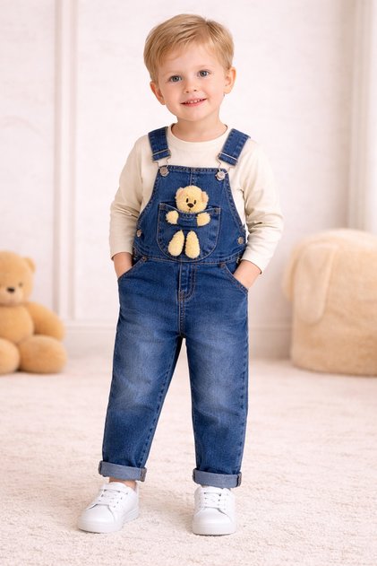 Teddy Bear Detailed Unisex Adjustable Lycra Denim Salopet – Blue (Swet Is Not Included)